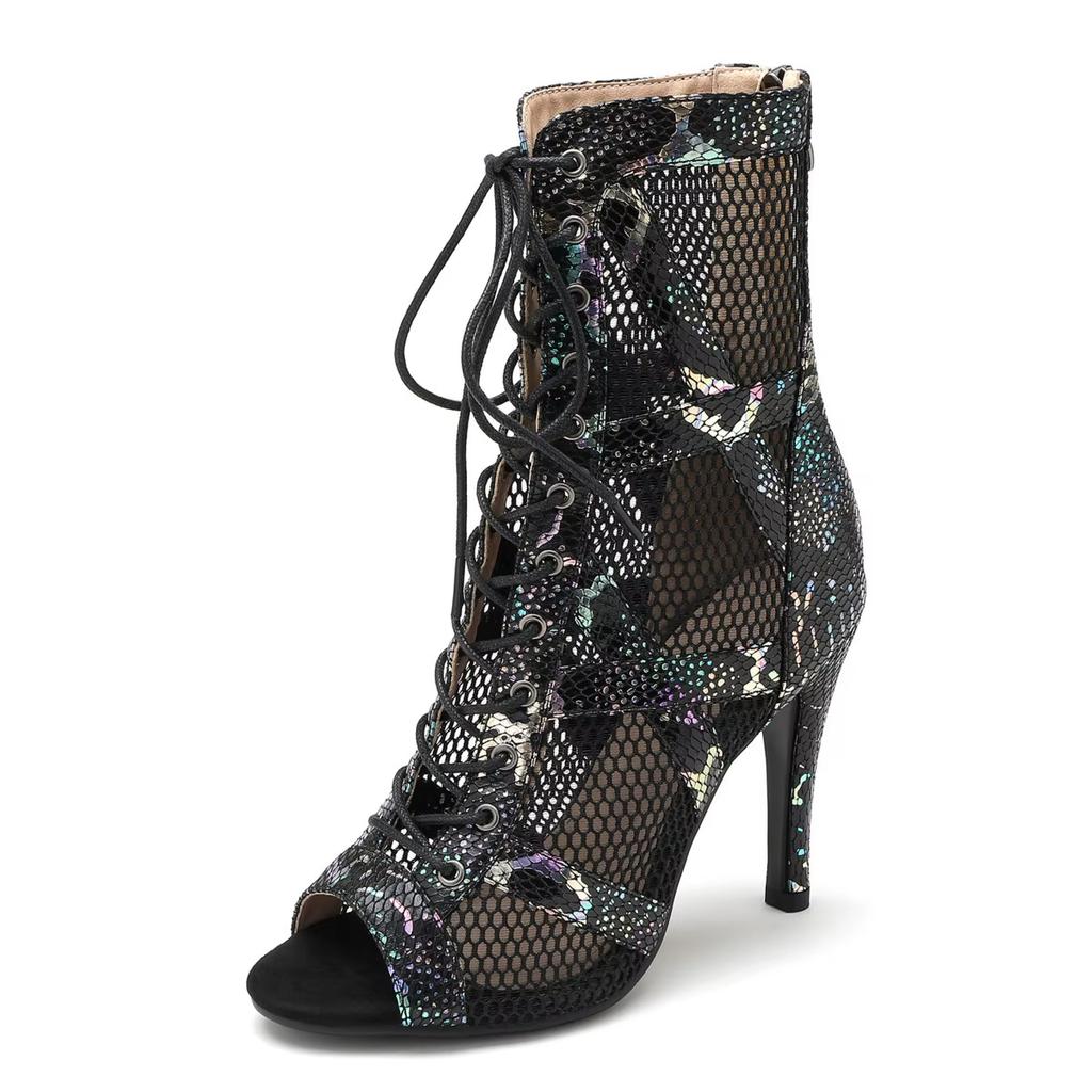 Women's Leopard Print Latin Dance Shoes Women's Jazz Tango Pole Dance Lace-up Sexy Mesh Dance Boots New Soft Sole Shoes