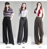 2025 Autumn Women's High Waist Grey Wool Wide-Leg Trousers - Korean Style, Floor-Length, Relaxed Fit