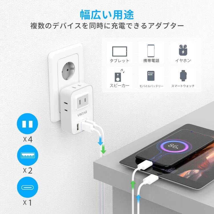 VITNAR Type C Power Adapter Converter for International Includes 4 AC 2 USB A and 1 Type C Port for and More Use, Outlets, Ports, Korea, Spain,