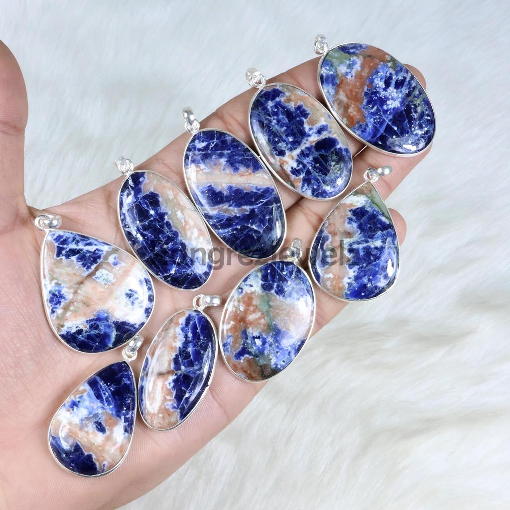 Sodalite Pendant Sterling Silver Pendant Orange Blue Sodalite Gemstone Pendant Bezel Pendant Narrow Loop Pendant Sodalite Necklace Jewelry