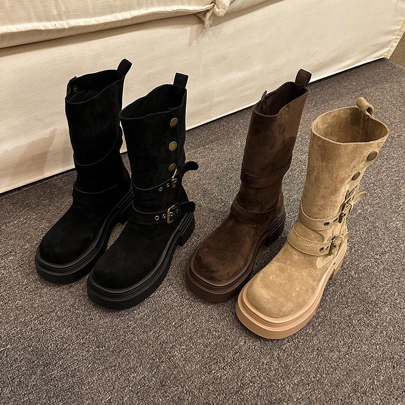 Mid-calf Flat with Modern Boots Winter Slip-on 2024 High Quality Women's Shoes Round Toe Low Heel Buckle Novelty Women's Boots