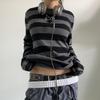 Women Fairy Grunge Knit Basic Shirt  Y2K Grey Black Striped Long Sleeve Round Neck Tops Emo Tee