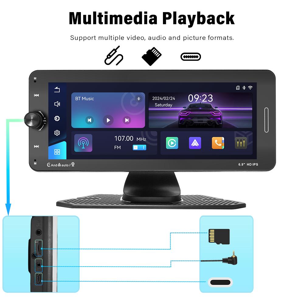 Portable 6.9 Inch Car Radio Wireless Carplay Display HD IPS Touch Screen Player Mirror Link FM BT DSP AUX Built-in Youtube