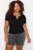 Women's Style Plus Size Black U-Neck Snap Crop Knitted Blouse