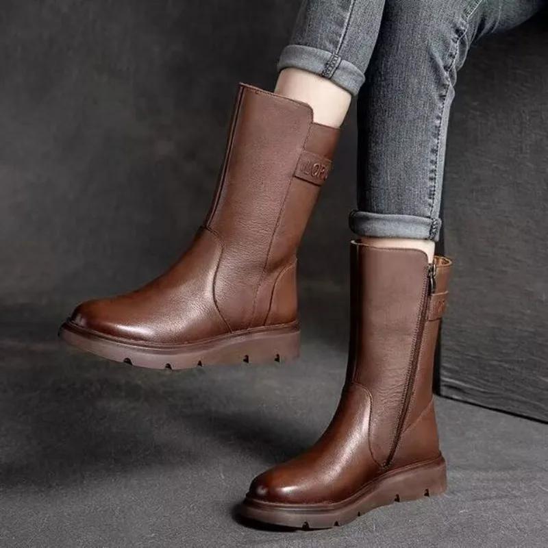 Round Toe Women's Half High Boots Elegant Fashion Ladies Mid Calf Shoes Designer Luxury Quality Footwear Winter 2024 Novelty Pu