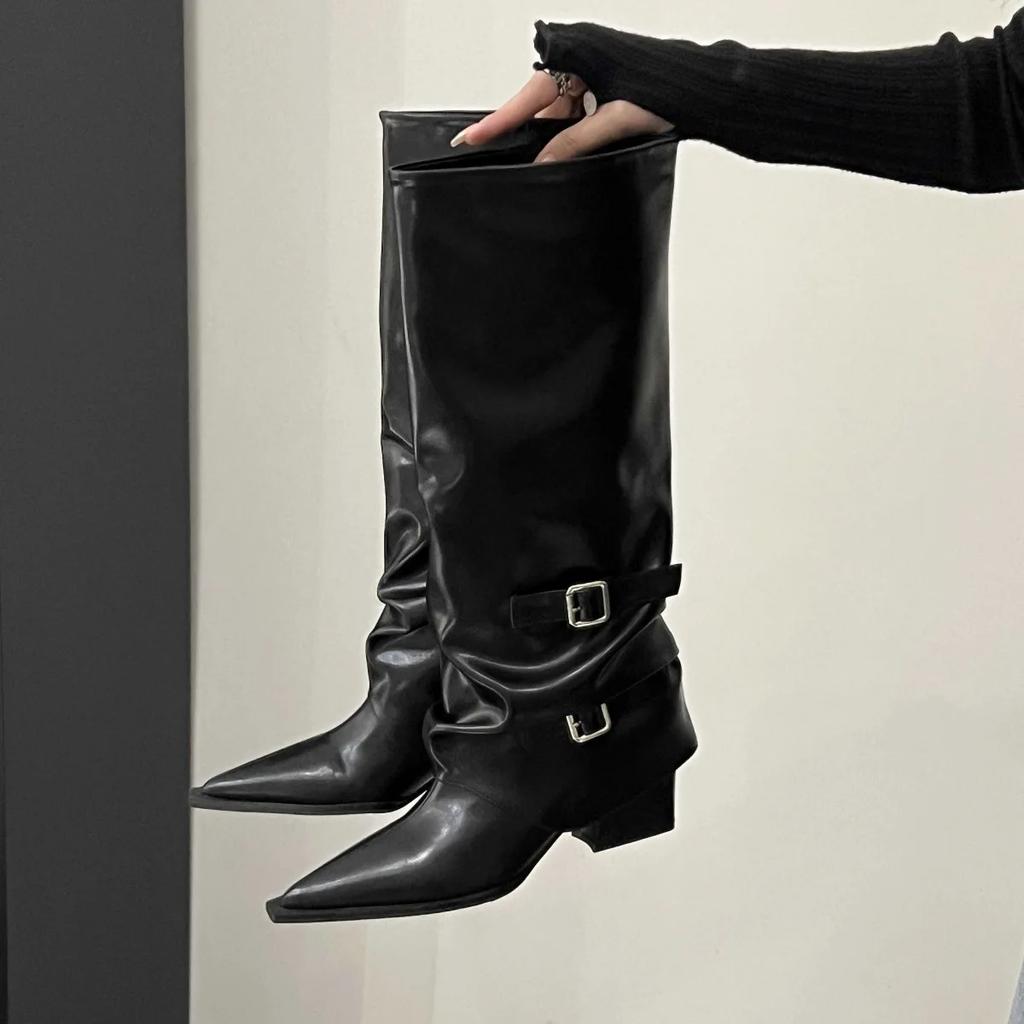 Woman Pointed Knee Belt Buckle High Boots Women Autumn Winter Fashion Chunky Heel Thigh-high Boots Trend Leather Chelsea Botas
