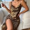 European and American Summer Women's Thin Ice Silk Fashionable and Sexy Leopard Print Backless Slit Suspender Dress