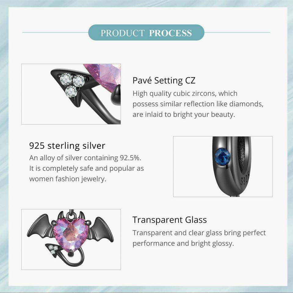 WOSTU 925 Sterling Silver Black Devil Pendant Charms Stone Heart Beads for Women DIY Jewelry Gift Making