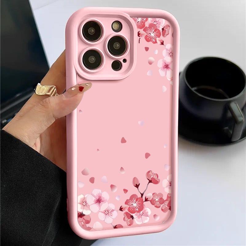 Soft TPU Silicone Phone Case For iPhone 15 16 14 Pro Max 11 12 13 Pro 16E XR 15 Plus Pink Peach Blossom Pattern Shockproof Cover