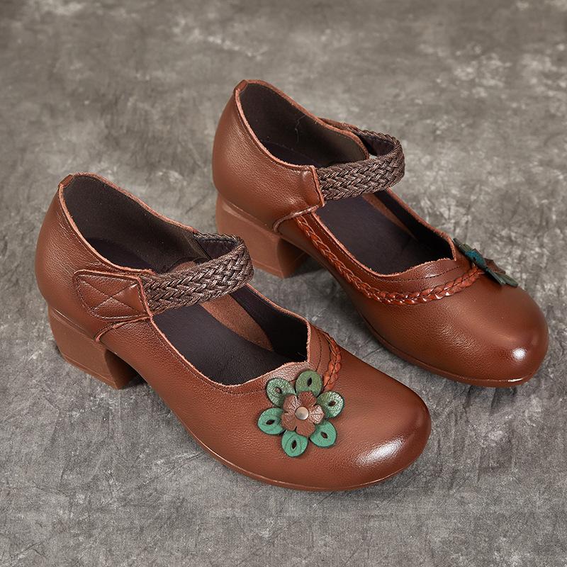 Ethnic Women's Shoes Chunky Heel Single Shoes Head Cowhide Soft Bottom Leather Shoes