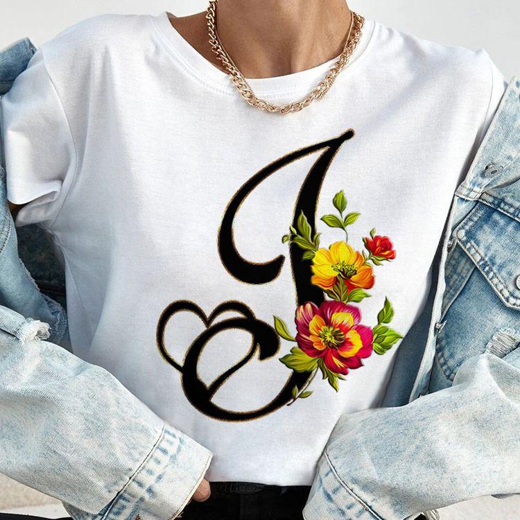 Custom Name Letter Combination Tops Fashion Women T-Shirt Rose Flower Heart Letter Font A B C D Short Sleeve Tees Black T-Shirt