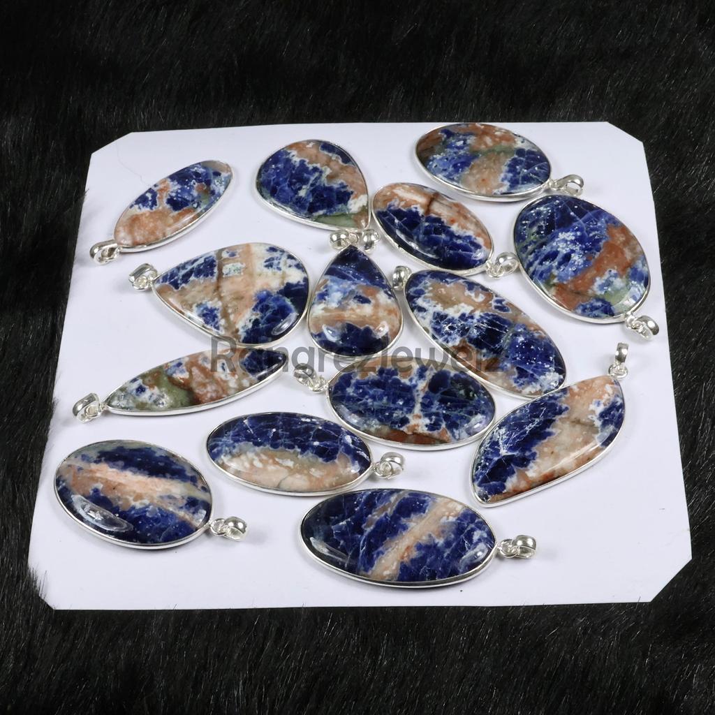 Sodalite Pendant Sterling Silver Pendant Orange Blue Sodalite Gemstone Pendant Bezel Pendant Narrow Loop Pendant Sodalite Necklace Jewelry
