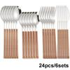 4/16/24pcs Imitation Wood Handle Cutlery Set Tea Spoon Utensils For Kitchen Stainless Steel Fork Spoons Set Cutlery Tableware