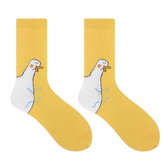 1 Pair Cartoon Goose Socks Moisture Wicking Breathable Cotton Mid-calf Stretch Men Women Animal Print Socks Sports Casual Crew Socks