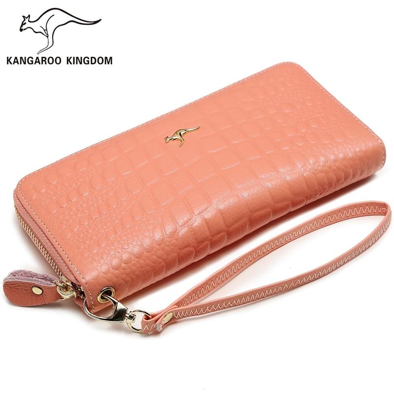 KANGAROO KINGDOM Fashion Women Wallet Genuine Leather Long Zipper Clutch Purse Card Holder Phone Wallet Brand