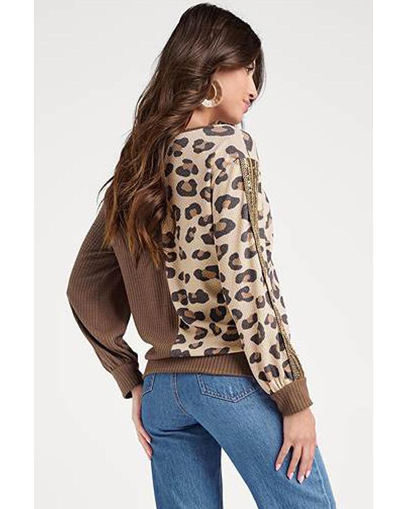 Azura Exchange Brown Leopard Splicing Waffle Knit V Neck Top