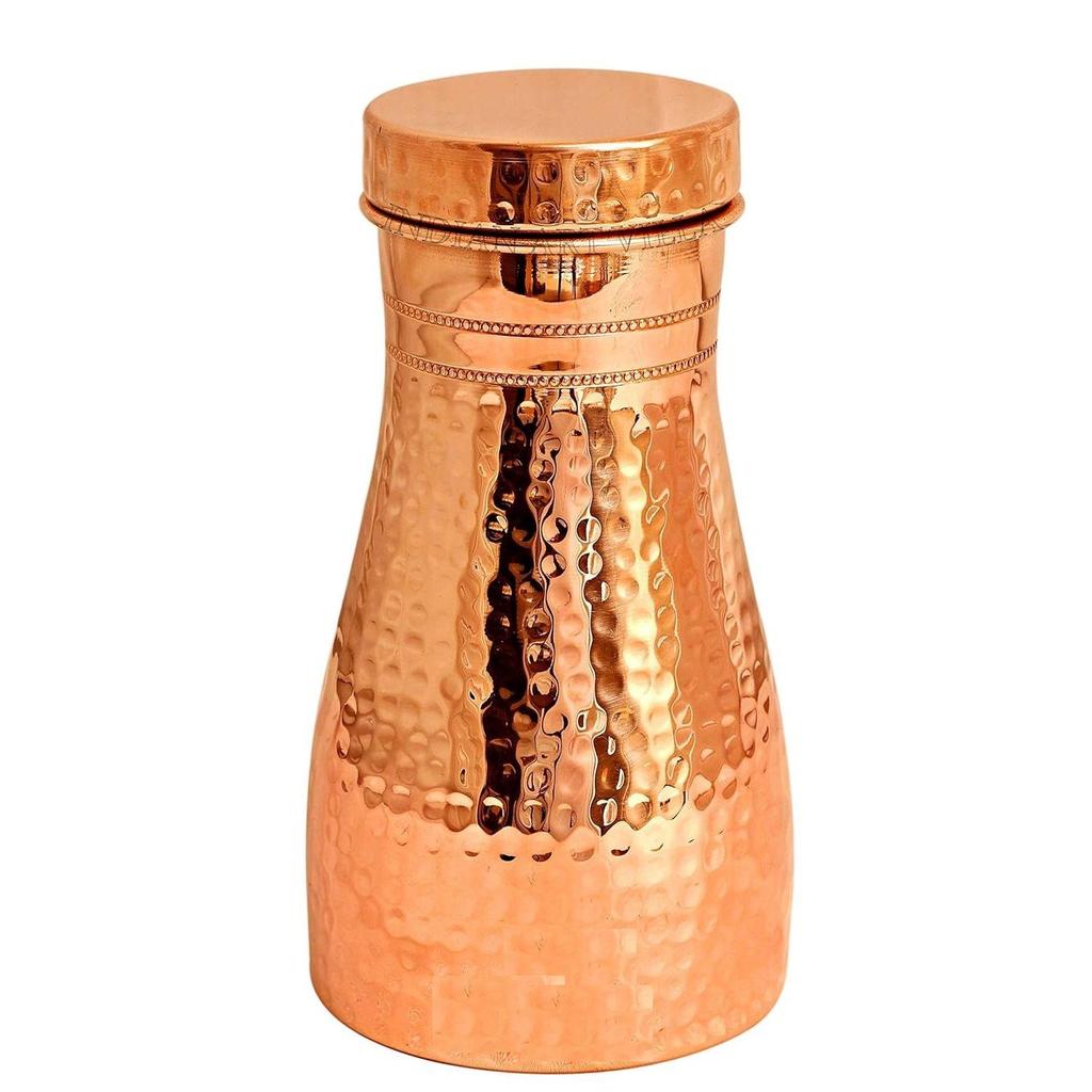 Pure Copper Bedroom Water Bottle with Inbuilt Glass, Hammered Shine Design, Drinkware and Storage Purpose, 1000 Ml (Pack of 1)