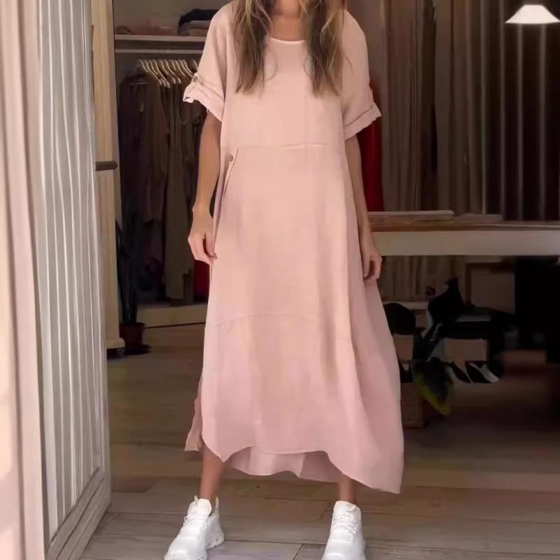 Women's Summer Style Loose Casual Solid Color Short-sleeved Cotton Linen Dress