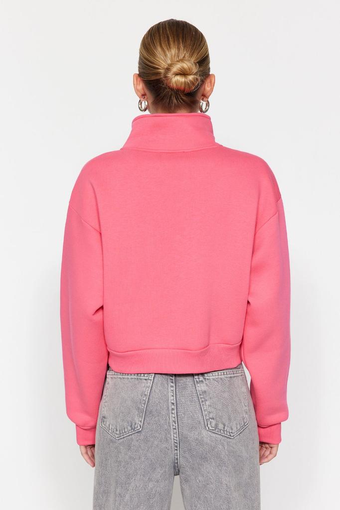 Women's Fashionable Stylish Sweatshirt Black Comfortable Cut Crop Basic Zippered High Collar Thick Inside Fleece Knitted Sweatshirt