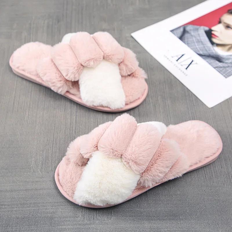 2024 Women Winter House Furry Slippers Fluffy Faux Fur Cross Design Home Slides Ladies Soft Warm Plush Slipper Female Flip Flops