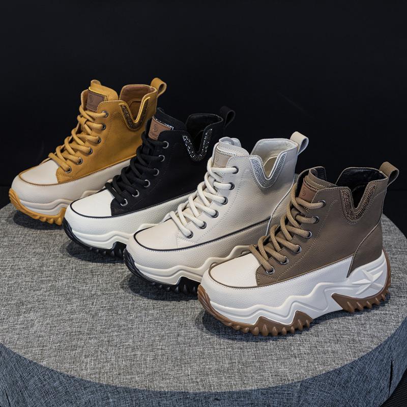 Leather Inner Height Increase Dad Shoes Women's Sports and Leisure Shoes Versatile Thick-soled Medium-top Women's Shoes