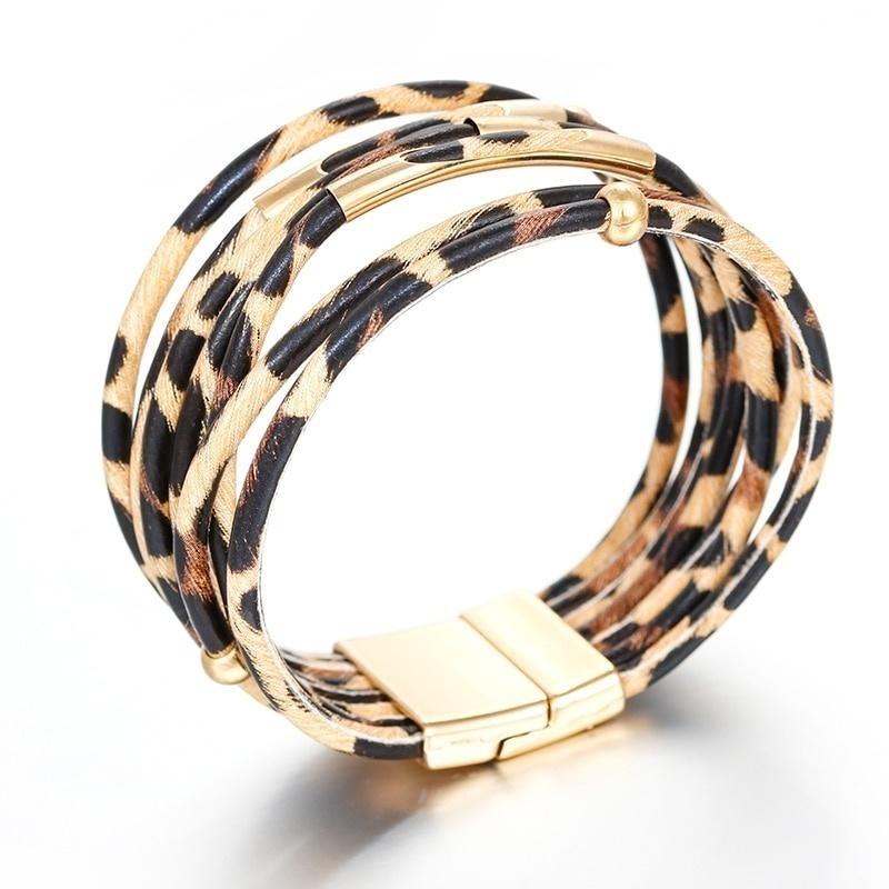New Fashion Elegant Multilayer Leopard Leather Wrap Wide Bangles Bracelets for Women Jewelry Gifts