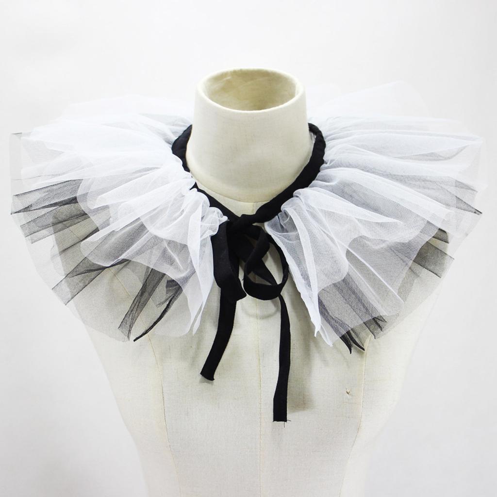 Women Victorian Ruffle Mesh Fake Collar Shawl Vintage Renaissance Black White Tulle Clown Cosplay Neck Ruff Choker Shawl