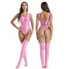 Sexy Bodysuit Women Glossy Stretchy Swimming Suit Swimwear Bodycon Jumpsuit O Neck Sleeveless High Cut Bodysuit with Stocking