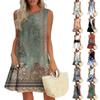 Women's Fashion Casual Sleeveless Round Neck Ruffle Vintage Printed Dresses