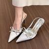 Silver Pointed Bow Sandals Women's Summer One-word Stiletto High Heels