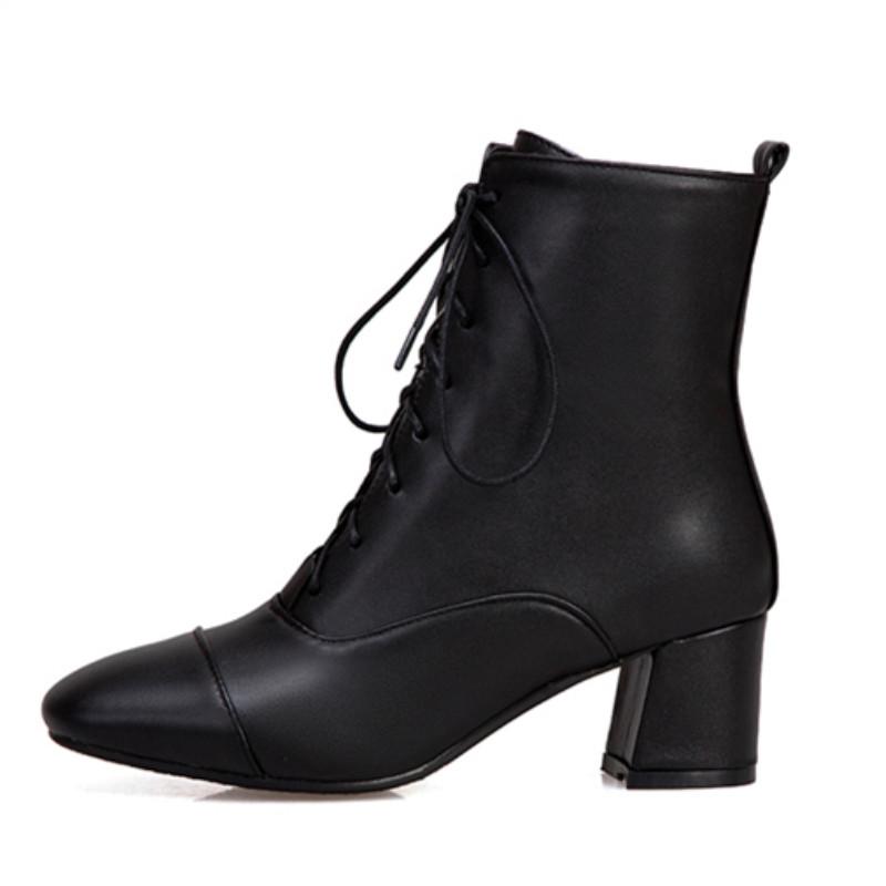 Fashion Women's Ankle Boots Autumn Winter Black White Party Shoes Female Casual Low Heels Short Boot Lace Up Large Size 34- 45