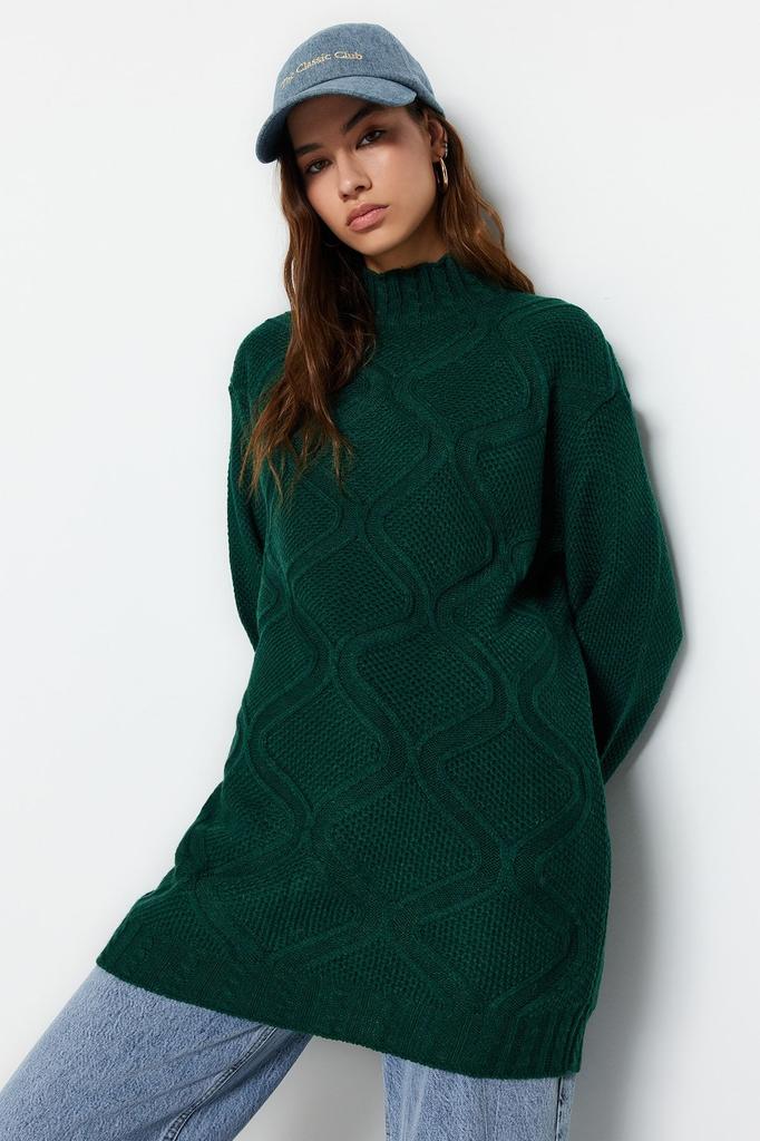 Women's Fashionable Stylish Hijab Sweater Dark Green Openwork Knitted Patterned Knitwear Sweater