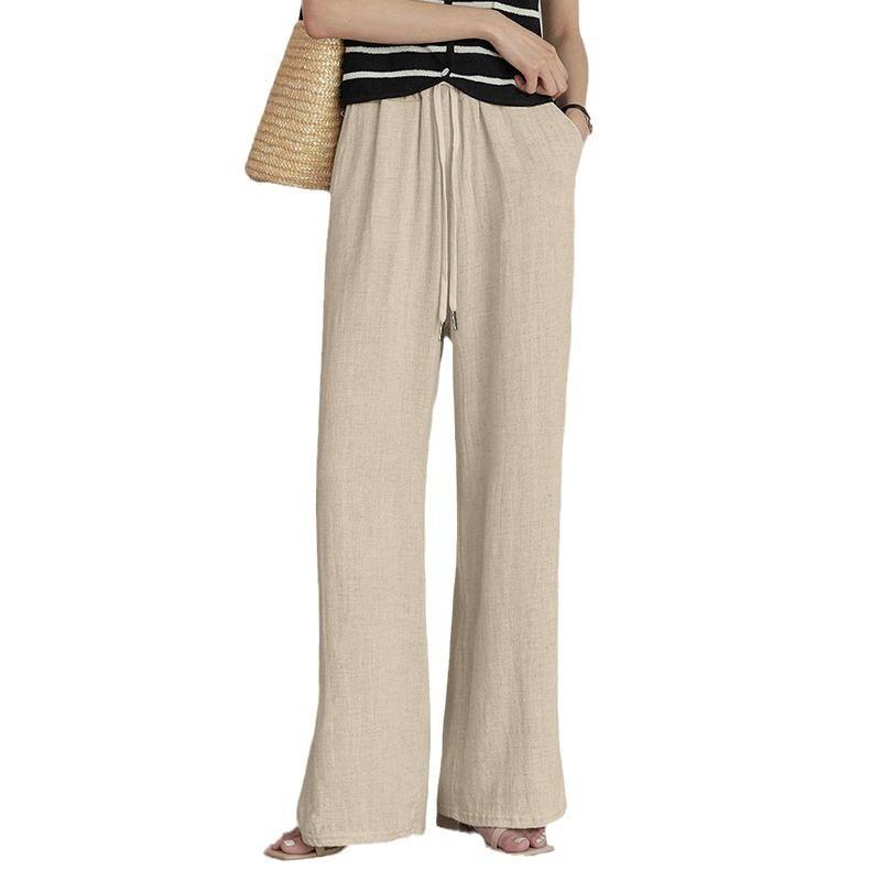 Spring and Summer New Cotton Hemp Loose Elastic Waist Women's Wide Leg Pants
