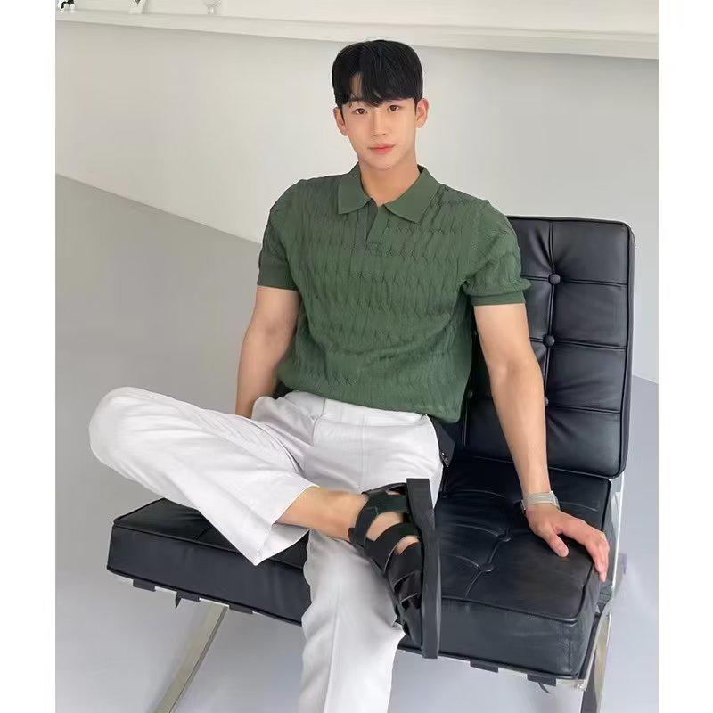Men's Summer Korean Style Slim Fit Knitted Polo Shirt - Short-Sleeve, Solid Color, Ice Silk, Turn-Down Collar
