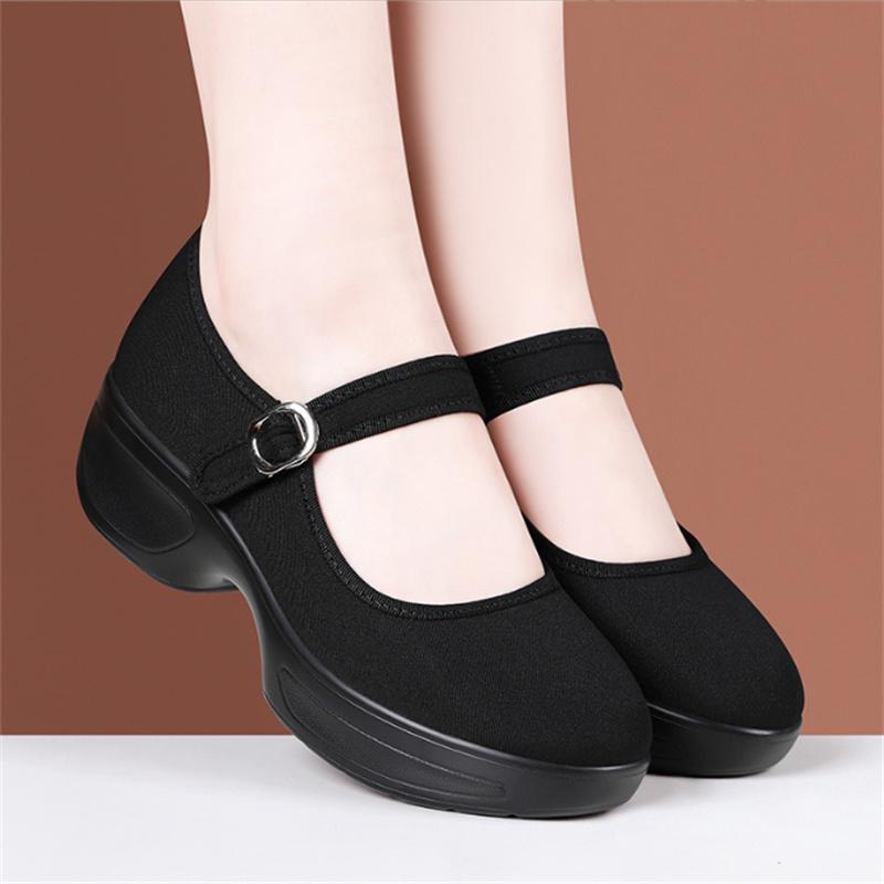High Heels Thick Soled Women's Cloth Shoes Women Black Platform Pumps Anti Slip Dance Work Shoes Breathable Comfort Mother Shoes