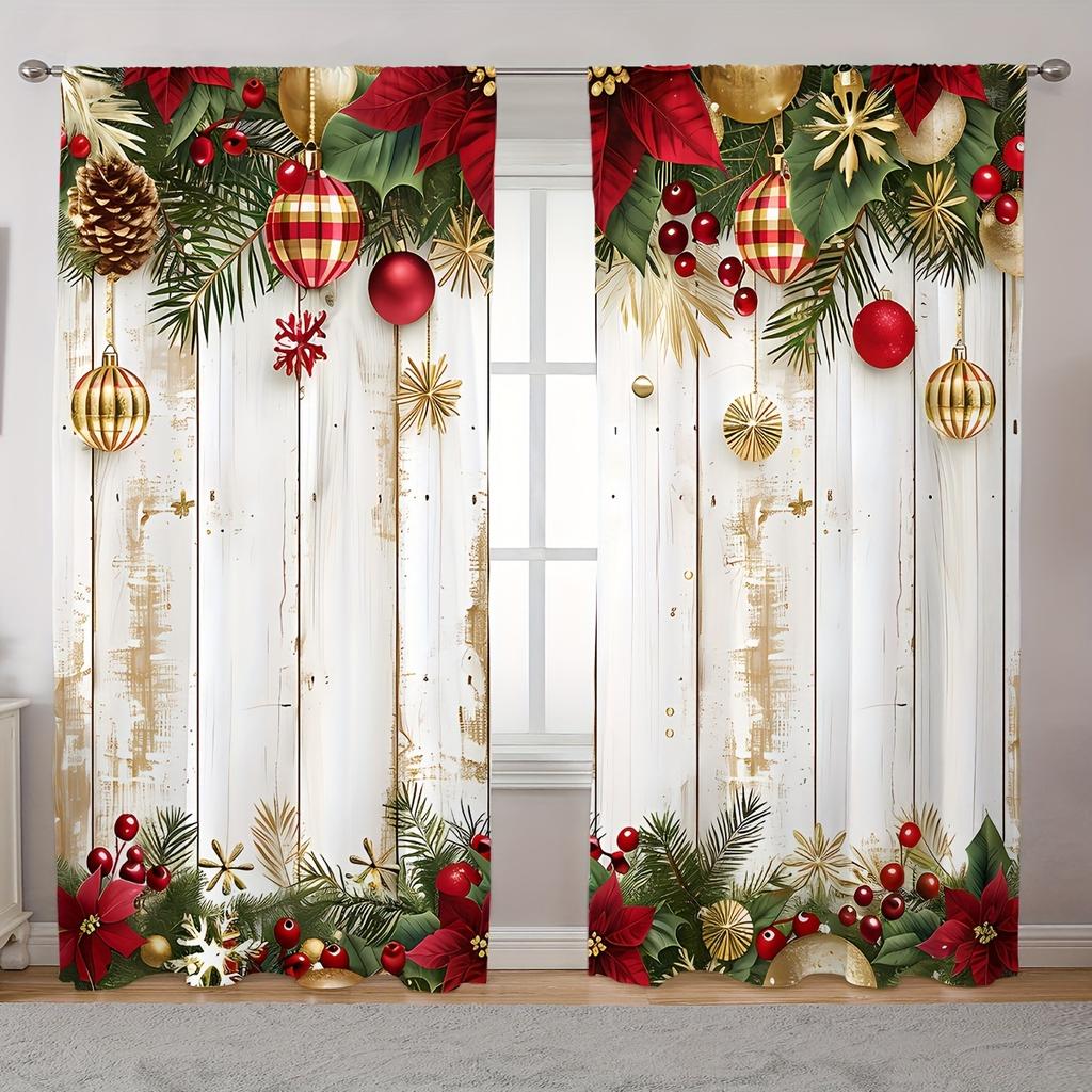 2pcs Set Christmas-Themed Curtains - Digital Print Rod Pocket Design Polyester  Perfect for Living Room Kitchen Bedroom Windows