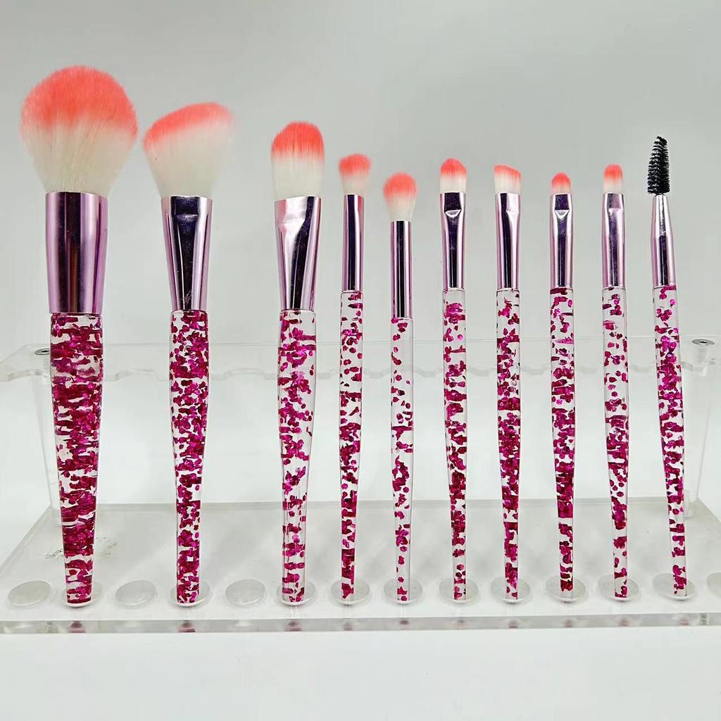 Crystal Handle 10-Piece Makeup Brush Set with Glitter, Fiber Hair for Face & Eye