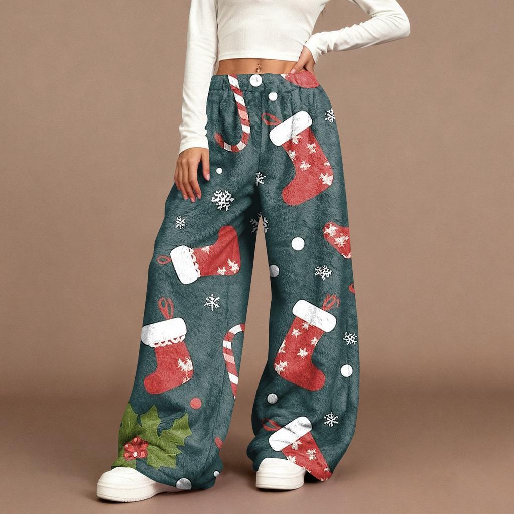 Women's Casual Fashion Christmas Print Elastic Waist Loose Plush Wide Leg Pants