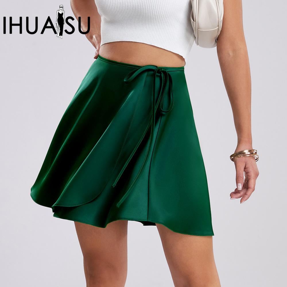 IHUASU Women's Satin Halter High Waist Tie A-Line Skirt Solid Acetate Wrap Skirt
