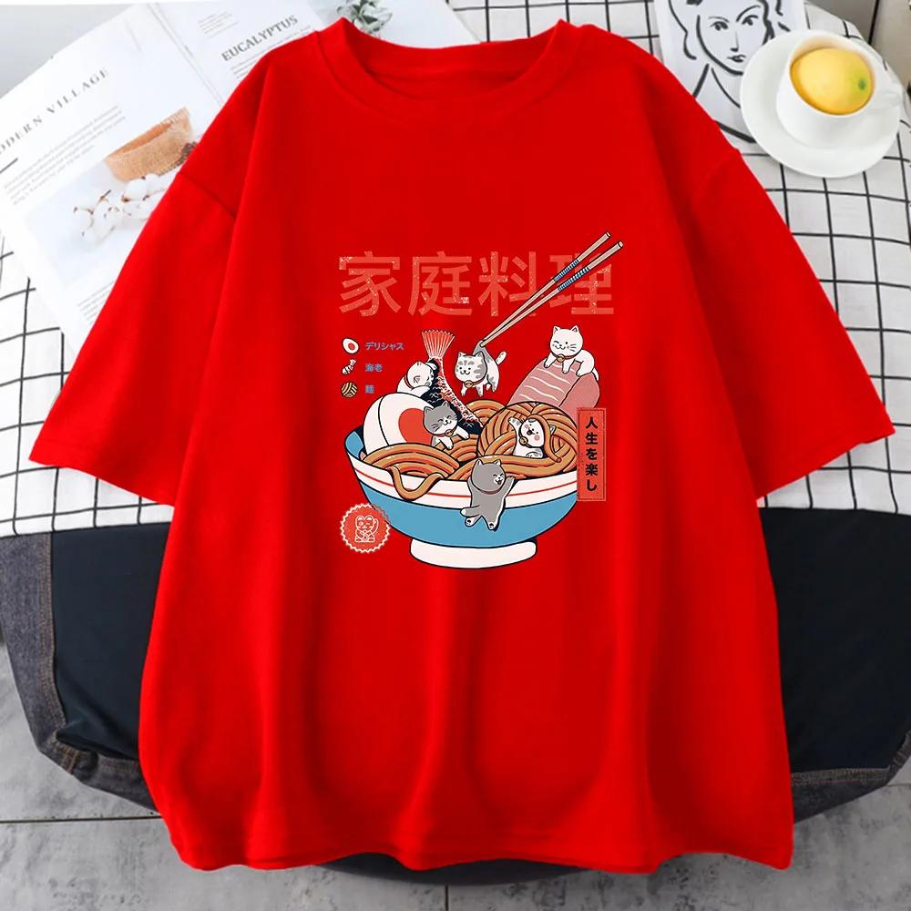 Ramen Cats Women Japanese Anime Characters T-shirts Casual T Shirts Summer Harajuku Kawaii Clothing Slight Strech
