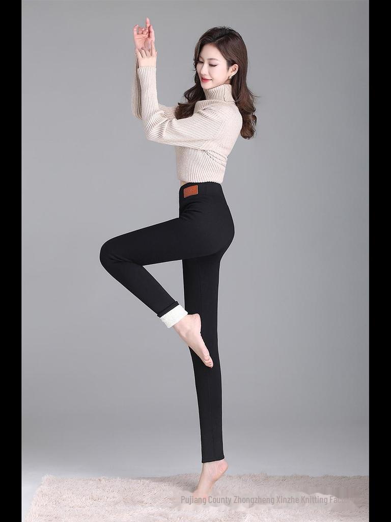 Women's High-Waist Lambskin Leggings - Extra Thick, Plus Size, Velvet Lined, Slim Fit, Warm Winter Pants