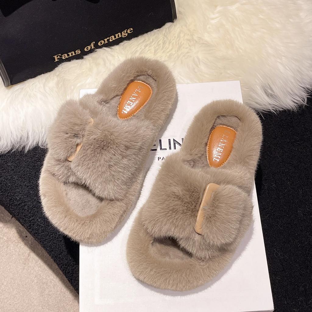 Women's Slippers 2024 New Casual Plush Fluffy Slippers Solid Color Indoor Warm Home Fashion Belt Buckle Outdoor Cotton Slippers