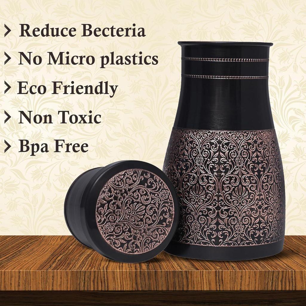 Copper Ayurvedic Water Bottle/Jar With In Build Glass Black Antique Glossy Finish Suitable For Home In Dining And Room. - 1000 Ml (Black Antique)