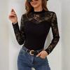 Autumn and Winter New Fashion Lace Stitching Long Sleeve Small Stand Collar Pullover Base T-shirt Top Women