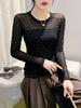 Chic Mesh Long Sleeve Top with Nail Beads & Diamond Accents - Stylish, Slim, and Breathable Women's Autumn Shirt