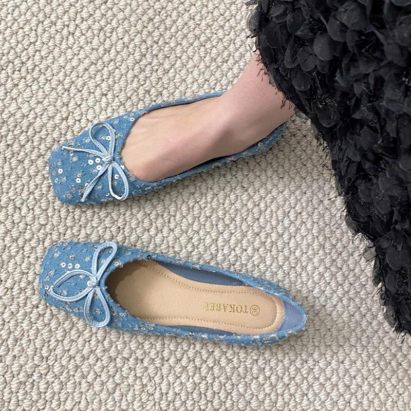 2025 Spring New French Style Flat Shoes Versatile Elegant Bow Women Flats Shallow Mouth Soft Sequin Women Shoes Mujer