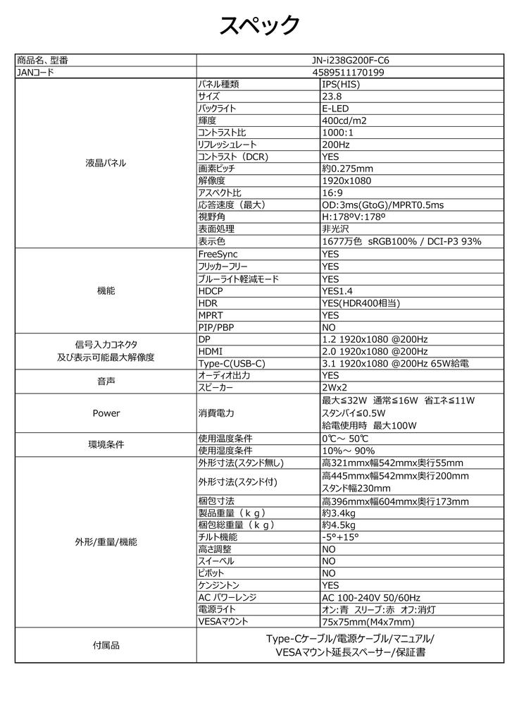 JAPANNEXT дюймовая IPS-панель 200 Гц совместимый игровой монитор с разрешением Full HD HDMI DP USB 65 Вт мощность HDR400 эквивалент PS5 подключение год 23.8