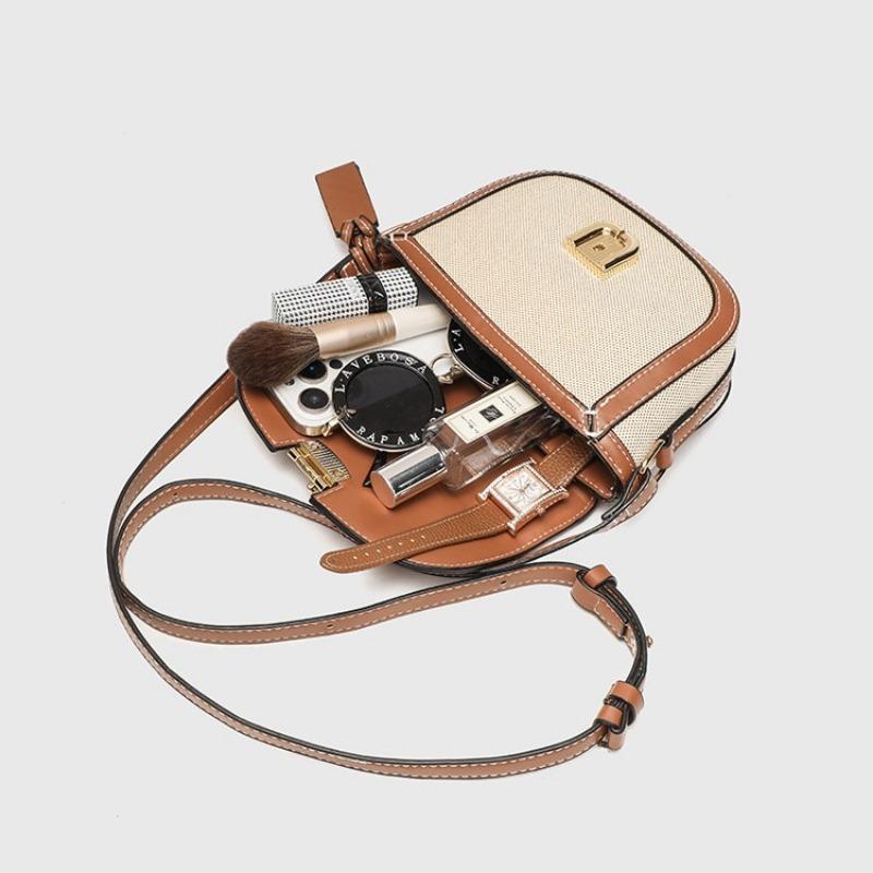 Retro Saddle Bag Canvas Leather Splicing Crossbody Metal Buckle Decoration Shoulder Hundred Niche Armpit Bag
