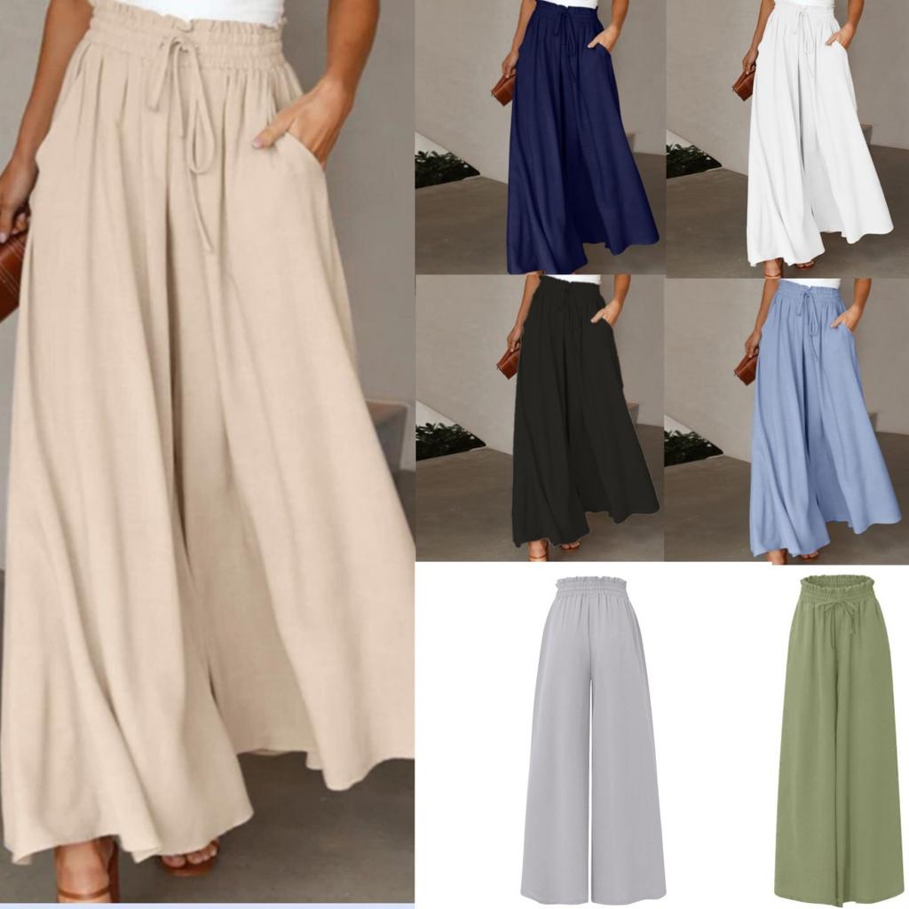 Women's Solid Color Trousers Elastic Belt Wide Leg High Waist Long Culottes
