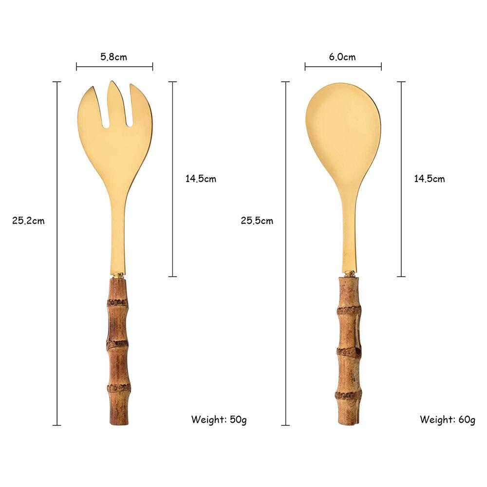 2Pcs Serving Utensils Cutlery 304 Stainless Steel Big Fork and Spoon with Natural Bamboo Handle Food Serving Salad Spork Server Spoon Tableware Set